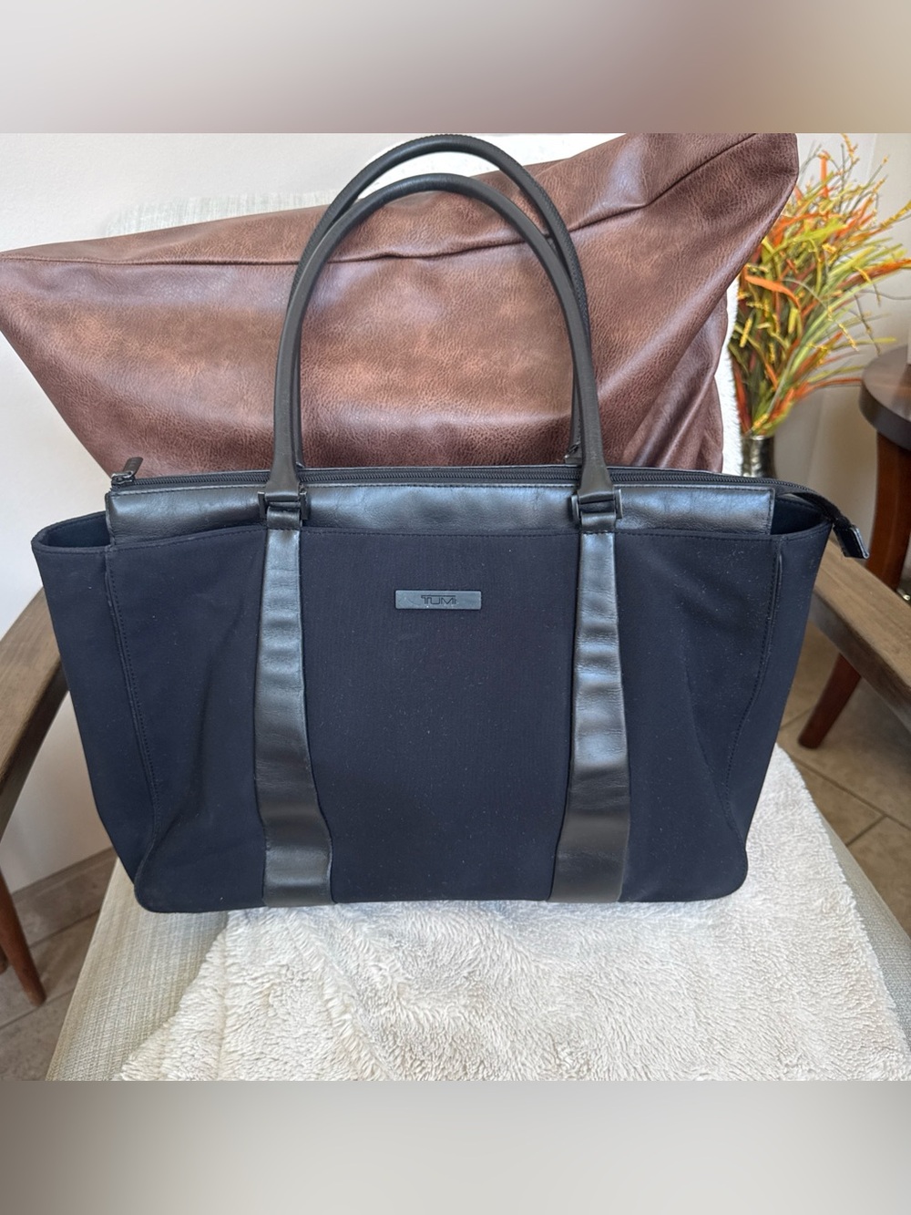 TUMI Black Ballistic Nylon and Leather Tote Bag